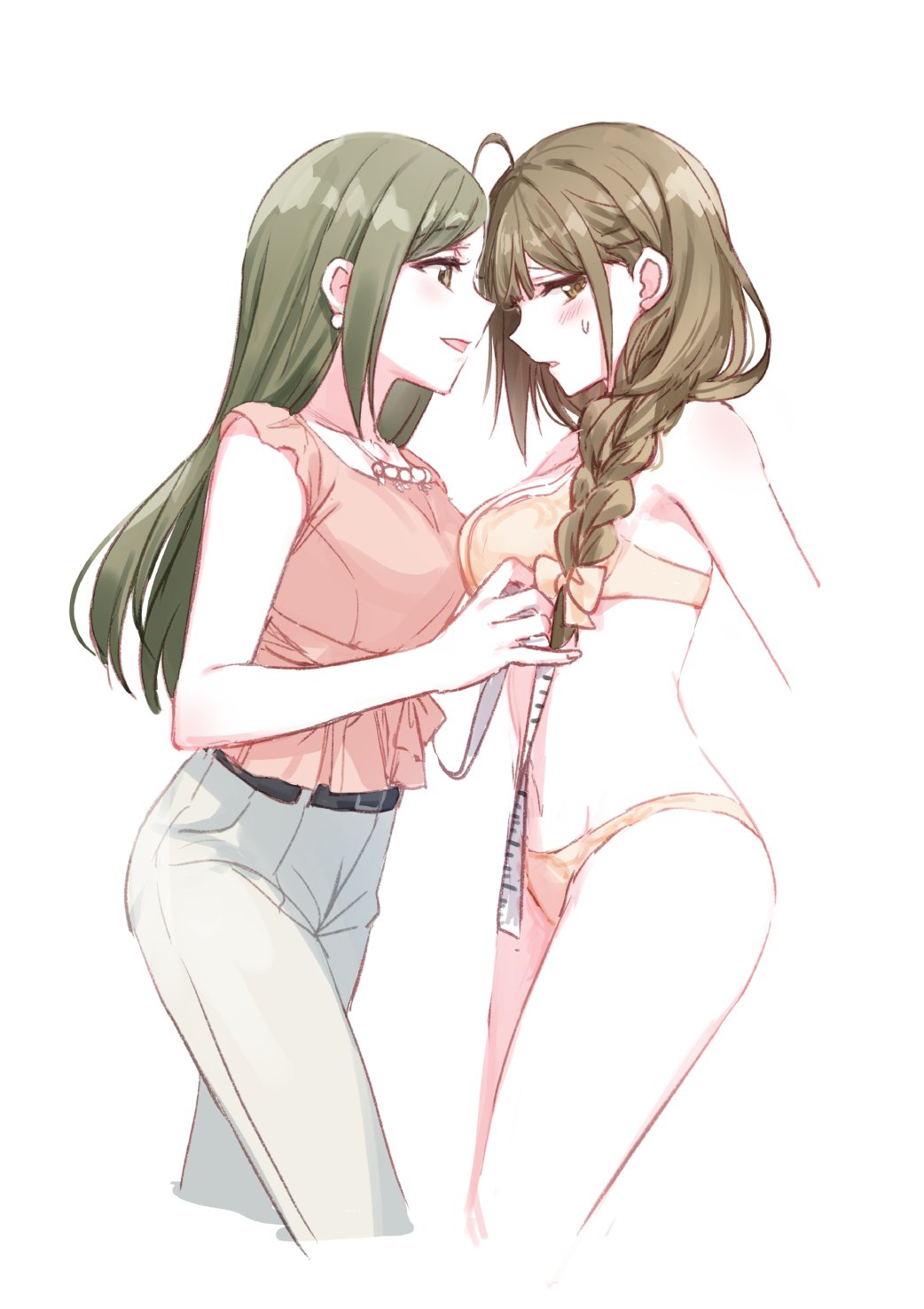 2girls alternate_hairstyle blush bra braid brown_hair commentary_request from_side hair_down highres idolmaster idolmaster_shiny_colors kuwayama_chiyuki long_hair looking_at_another multiple_girls nanakusa_hazuki open_mouth panties pants pink_bra pink_panties pink_shirt profile romi_(346_ura) shirt single_braid sweatdrop tape_measure underwear underwear_only yuri