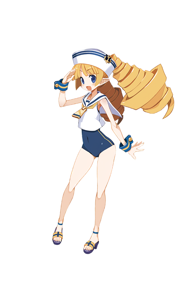 1girl anchor_symbol archer_(disgaea) blonde_hair blue_eyes blue_swimsuit disgaea disgaea_rpg drill_hair eyebrows_visible_through_hair full_body hat long_hair official_art one-piece_swimsuit open_mouth pointy_ears sailor_collar sailor_hat salute sandals single_vertical_stripe sleeveless solo strappy_heels swimsuit transparent_background wrist_cuffs