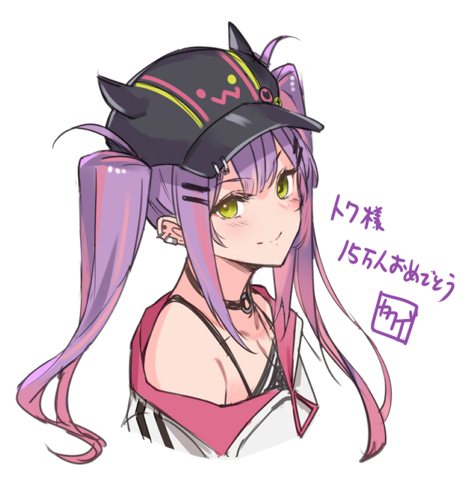 1girl artist_name baseball_cap black_camisole black_choker black_headwear blush choker closed_mouth commentary congratulations ear_piercing green_eyes hair_ornament hairclip hat hololive horned_headwear jacket kakage long_hair looking_at_viewer multicolored_hair o-ring o-ring_choker off-shoulder_jacket piercing pink_hair purple_hair signature simple_background smile solo streaked_hair tokoyami_towa twintails two-tone_hair upper_body virtual_youtuber white_background white_jacket
