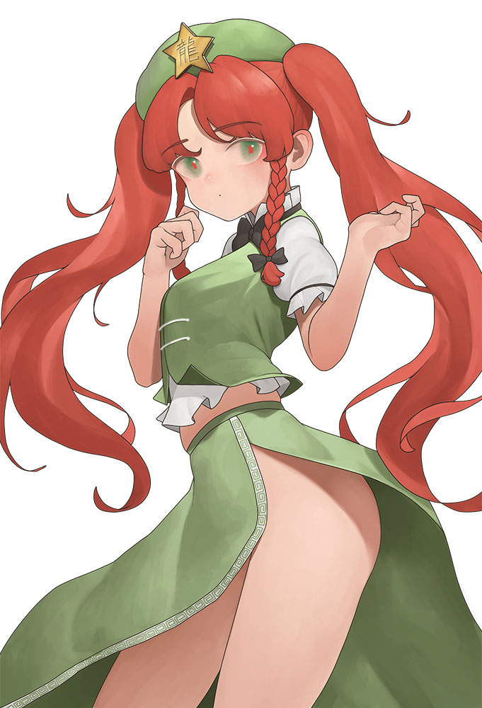 1girl bangs beret braid djjj5322 eyebrows_visible_through_hair green_eyes hat hong_meiling long_hair no_panties red_eyes redhead side_slit simple_background solo star_(symbol) thighs touhou twin_braids twintails white_background