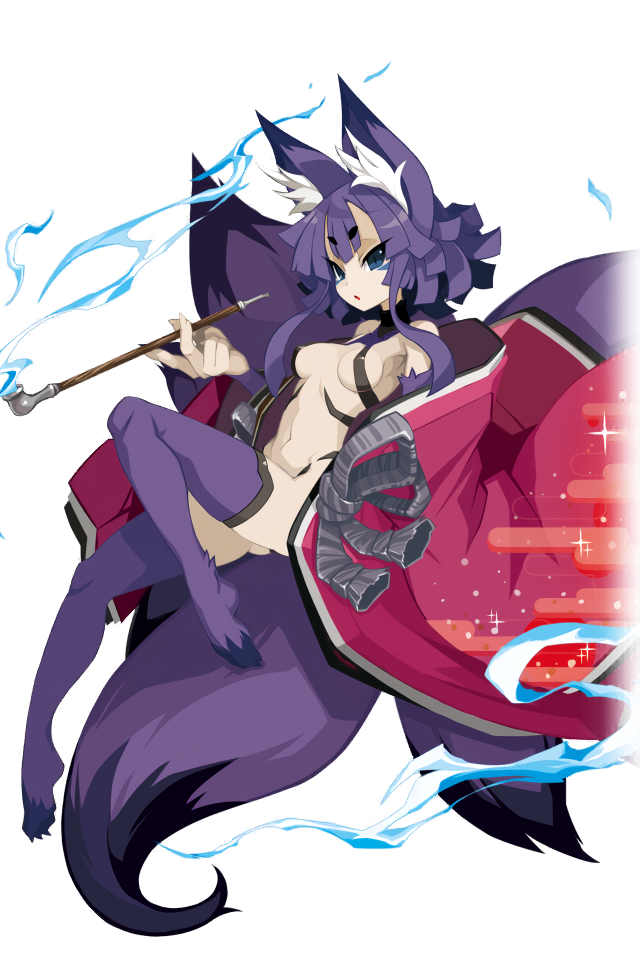 1girl :o animal_ear_fluff animal_ears breasts disgaea disgaea_rpg eyebrows_visible_through_hair fox_ears fox_tail holding long_hair medium_breasts multiple_tails navel nine-tailed_fox_(disgaea) official_art pipe purple_hair revealing_clothes slit_pupils solo tail transparent_background