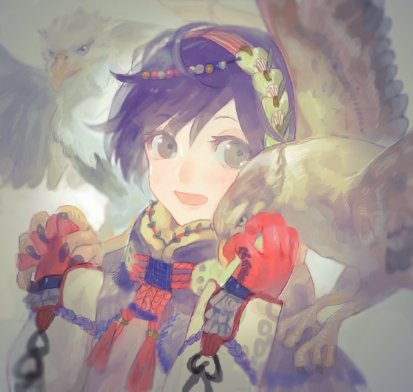 1boy animal_on_shoulder bird bird_on_hand bird_on_shoulder brown_eyes drawr eagle gloves grey_eyes hairband heterochromia high_collar male_focus nishihara_isao open_mouth original photoshop_(medium) purple_hair short_hair smile solo