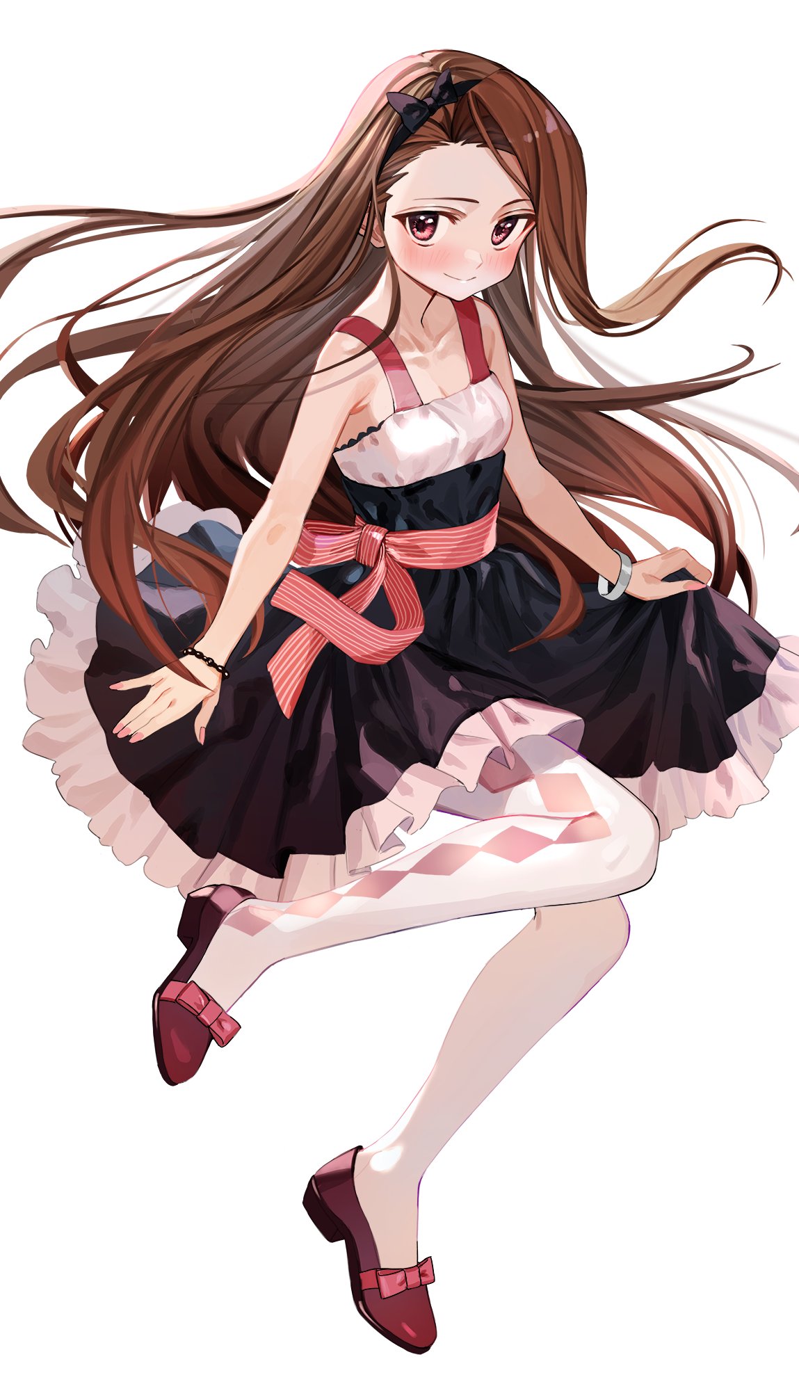 1girl argyle argyle_legwear bangle bare_shoulders black_hairband blush bow bracelet brown_hair collarbone dress full_body hairband highres idolmaster idolmaster_(classic) jewelry long_hair looking_at_viewer luicent mary_janes minase_iori nail_polish pink_eyes pink_nails shoe_bow shoes simple_background skirt_hold sleeveless sleeveless_dress smile solo thigh-highs waist_bow white_background white_legwear