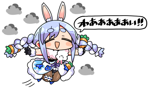 1girl :d =_= animal_ear_fluff animal_ears bangs black_gloves black_leotard blue_hair blush_stickers braid brown_legwear carrot_hair_ornament chibi closed_eyes clouds dress eyebrows_visible_through_hair facing_viewer flying food_themed_hair_ornament full_body fur-trimmed_dress fur-trimmed_gloves fur_trim gloves hair_ornament hololive kanikama leotard lowres open_mouth outstretched_arms pantyhose rabbit_ears short_eyebrows sidelocks simple_background smile solo spread_arms thick_eyebrows translation_request twin_braids twintails usada_pekora virtual_youtuber white_background white_dress white_hair
