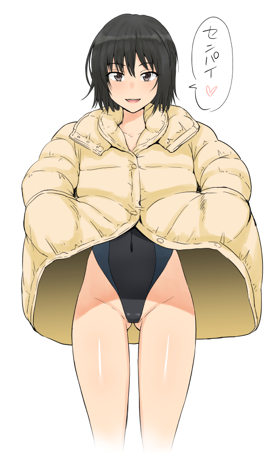 1girl amagami ass_visible_through_thighs bangs black_hair black_swimsuit bob_cut brown_coat brown_eyes coat coat_lift collarbone commentary competition_swimsuit cowboy_shot groin hair_strand hands_in_pockets heart henriiku_(ahemaru) highleg highleg_swimsuit hood hood_down looking_at_viewer messy_hair nanasaki_ai one-piece_swimsuit short_hair simple_background smile solo speech_bubble spoken_heart standing swimsuit swimsuit_under_clothes thigh_gap translated white_background