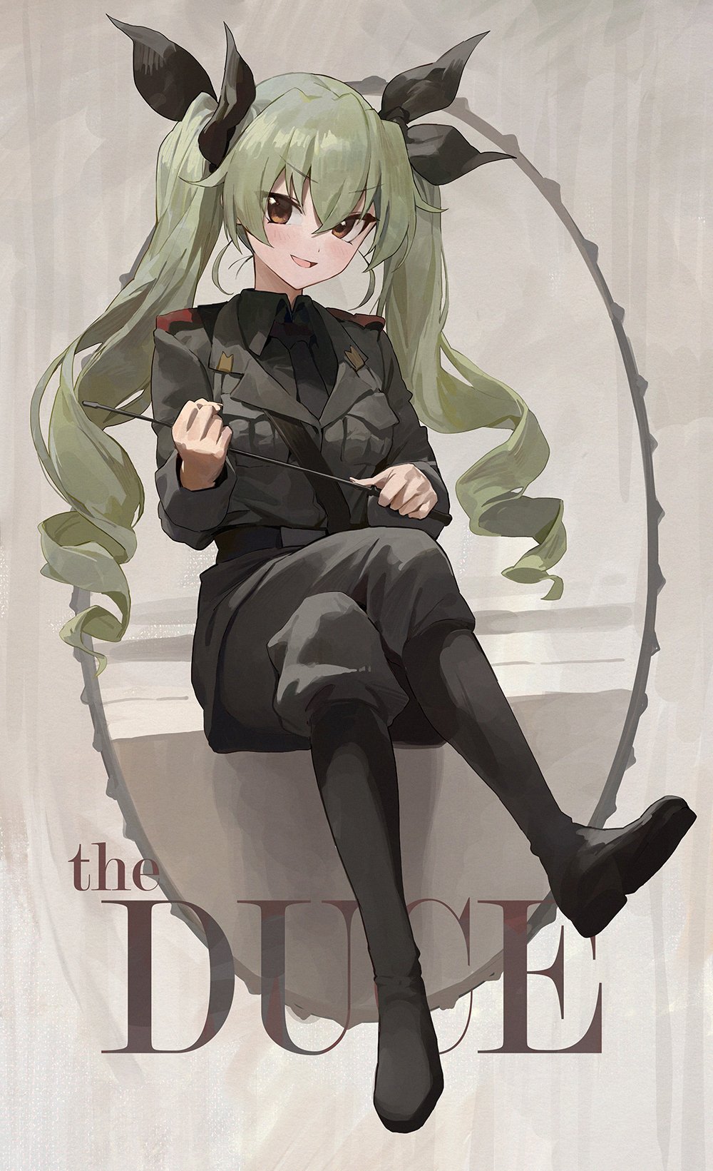 1girl anchovy_(girls_und_panzer) bangs belt black_belt black_footwear black_neckwear black_ribbon black_shirt blush boots brown_hair collar collared_shirt commentary_request drill_hair english_text eyebrows_visible_through_hair facing_viewer full_body girls_und_panzer green_hair grey_jacket grey_pants hair_between_eyes hair_ribbon highres holding jacket long_hair long_sleeves looking_at_viewer military military_uniform mossi necktie open_mouth pants ribbon shirt simple_background sitting smile solo strap twin_drills twintails uniform