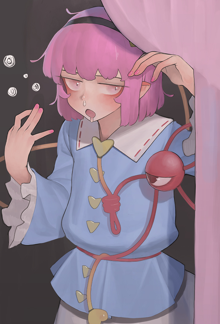 1girl blush djjj5322 drooling eyebrows hairband heart komeiji_satori long_sleeves looking_at_viewer open_mouth pink_eyes pink_hair pink_nails pointy_ears saliva short_hair solo third_eye touhou