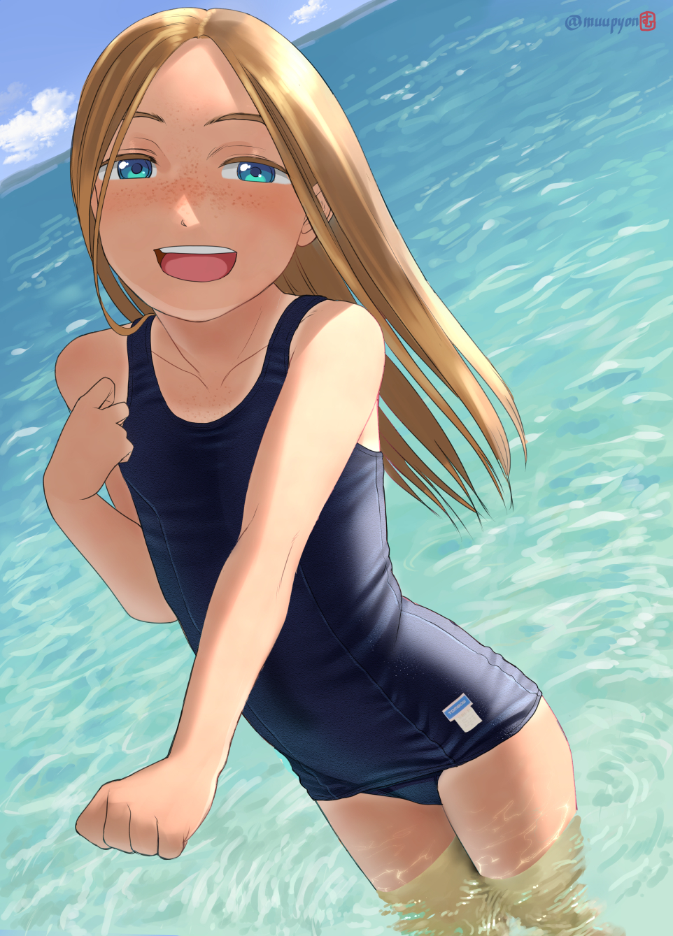 1girl bangs bare_arms bare_shoulders bare_thighs beach blonde_hair blue_eyes blush body_freckles clouds collarbone flat_chest freckles highres long_hair looking_at_viewer mu-pyon ocean old_school_swimsuit original outdoors parted_bangs partially_submerged school_swimsuit sky smile solo swimsuit tan tanline twitter_username upper_teeth water wet