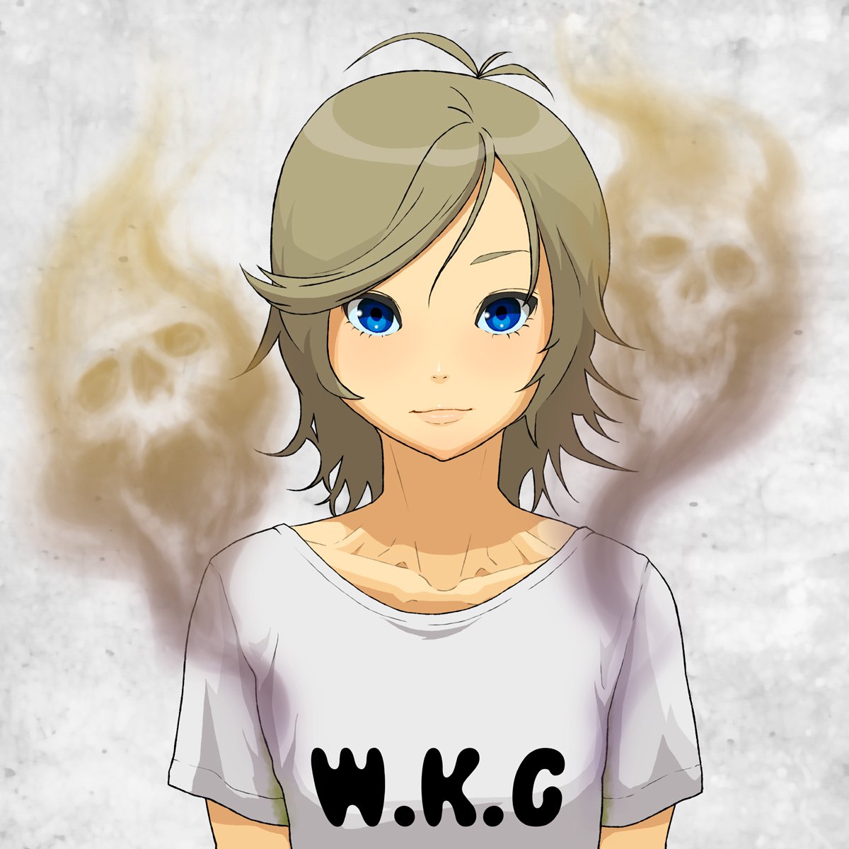 1girl antenna_hair bangs blue_eyes brown_hair closed_mouth clothes_writing ghost highres looking_at_viewer original shirt short_hair short_sleeves skull smell smile solo swept_bangs tocky upper_body white_shirt