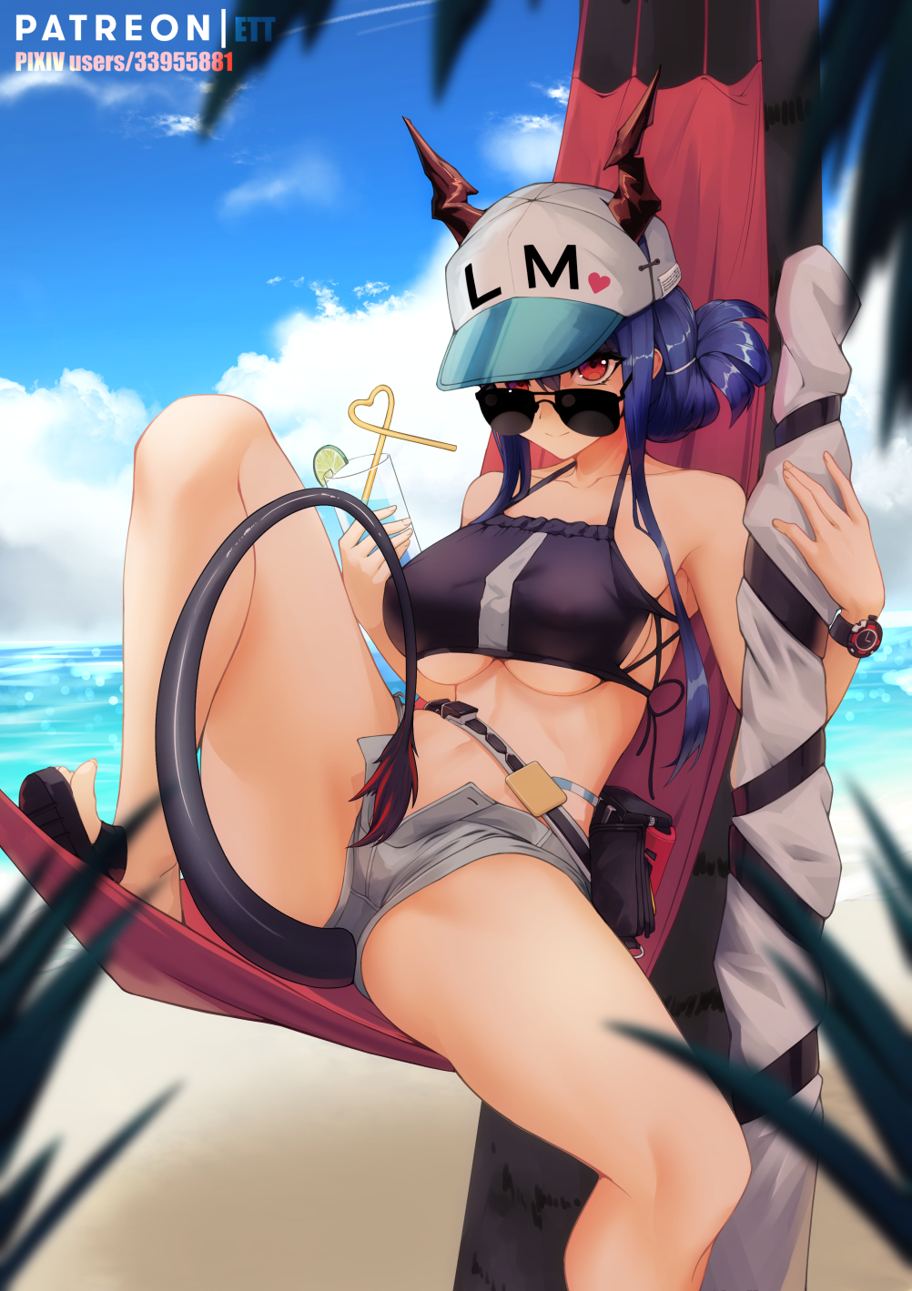1girl alternate_costume arknights bare_shoulders beach blue_hair blue_sky breasts ch'en_(arknights) closed_mouth clouds crop_top cup dragon_horns dragon_tail drinking_straw ett01024 folded_hair grey_shorts halterneck hammock hat highres holding holding_sword holding_weapon horns horns_through_headwear large_breasts leaf looking_at_viewer navel ocean peaked_cap pouch red_eyes sand shore short_shorts shorts sky slippers smile spread_legs stomach strap sunglasses sword tail tail_between_legs thighs under_boob watch water weapon weapon_bag