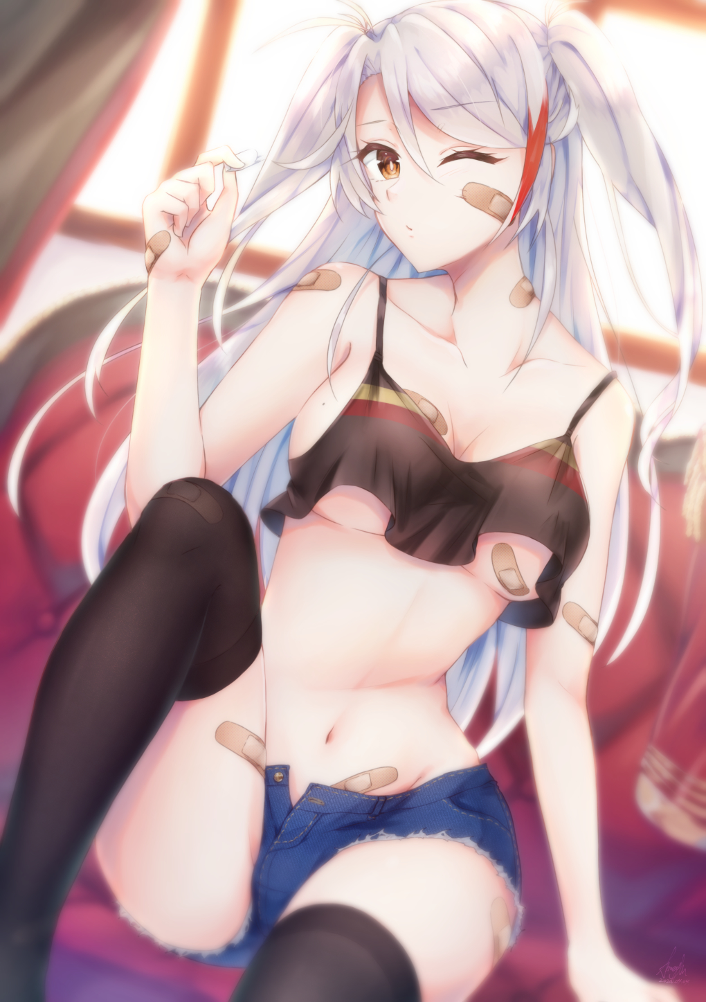 1girl alternate_breast_size antenna_hair azur_lane bandaid bandaid_on_arm bandaid_on_breast bandaid_on_cheek bandaid_on_face bandaid_on_leg bare_shoulders black_legwear black_shirt blue_shorts breasts brown_eyes collarbone commentary_request cutoff_jeans cutoffs eyebrows_visible_through_hair highres long_hair medium_breasts midriff navel one_eye_closed prinz_eugen_(azur_lane) satsuki_meguru shirt short_shorts shorts silver_hair sitting sleeveless sleeveless_shirt solo spaghetti_strap thigh-highs two_side_up under_boob