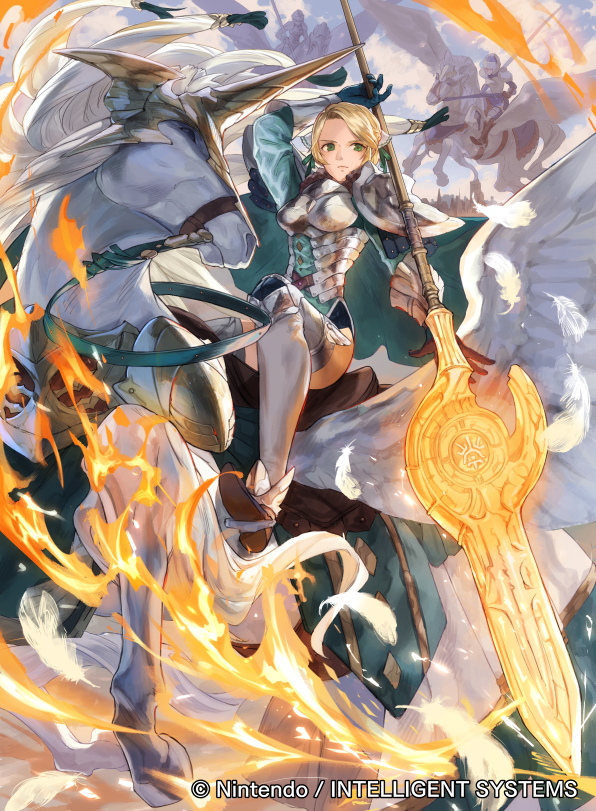 1girl armor blonde_hair boobplate breastplate cape closed_mouth company_name copyright_name feathers fire_emblem fire_emblem:_three_houses fire_emblem_cipher gloves green_cape green_eyes holding ingrid_brandl_galatea mayo_(becky2006) official_art pegasus pegasus_knight polearm riding solo_focus weapon