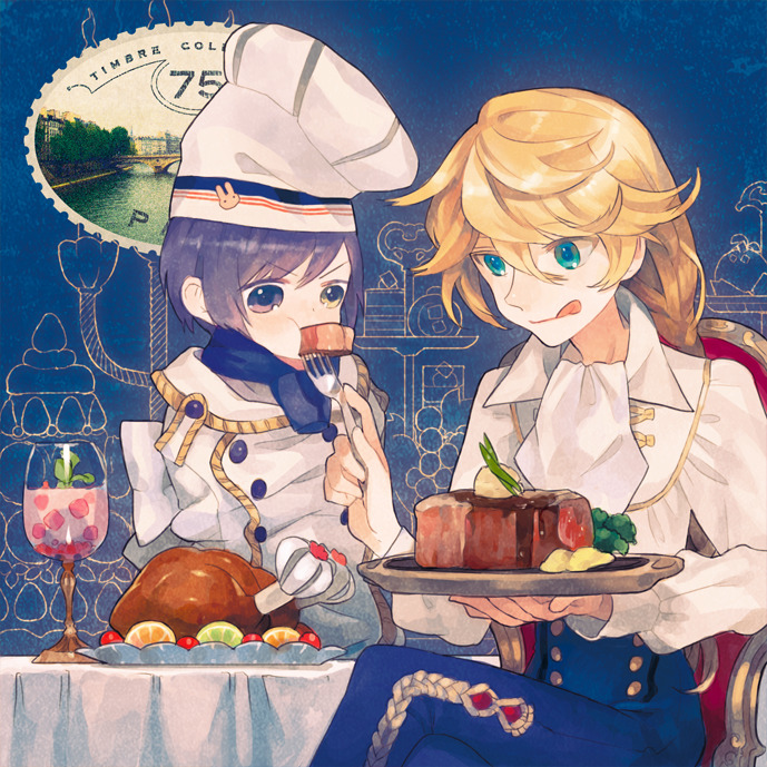 2boys :q amputee androgynous blonde_hair blue_eyes boned_meat chef_hat chicken_(food) eating feeding food fork hat heterochromia holding holding_fork long_hair male_focus meat missing_limb multiple_boys nishihara_isao original plate purple_hair quadruple_amputee short_hair sitting steak tongue tongue_out violet_eyes yellow_eyes