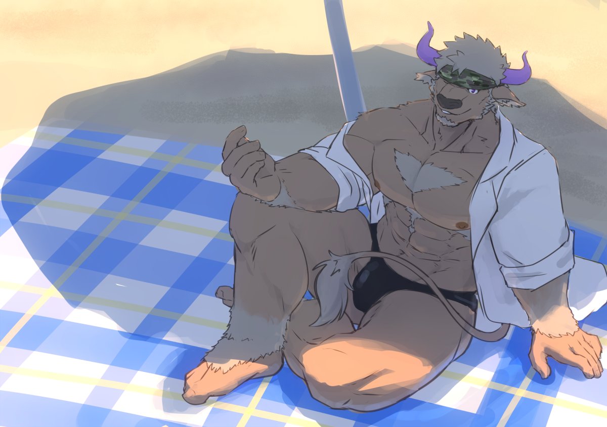 1boy abs bara beard bulge chest chest_hair facial_hair full_body furry horns katoributa_a male_focus manly muscle nipples pectorals purple_horns shennong_(tokyo_afterschool_summoners) shirtless solo thighs tokyo_houkago_summoners under_umbrella undressing violet_eyes white_hair
