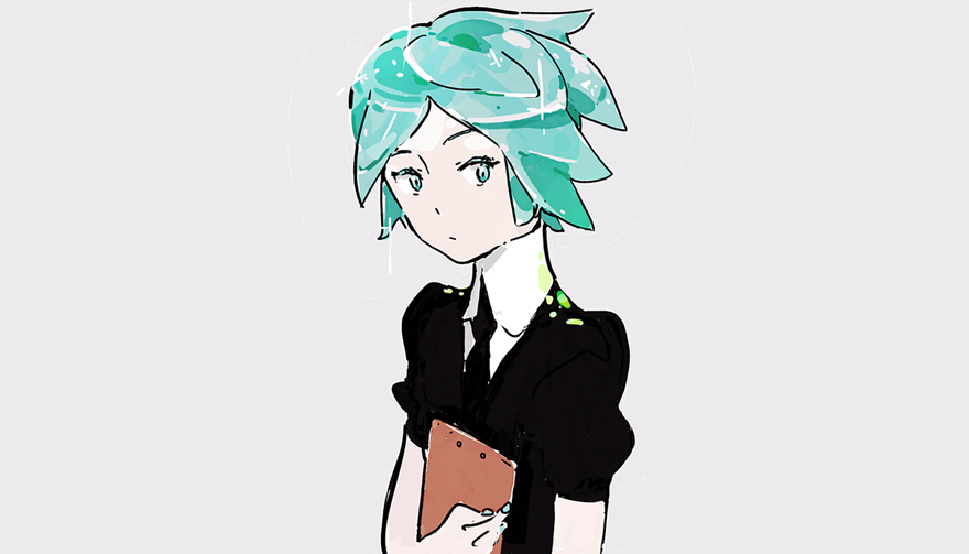 1other aqua_eyes aqua_hair aqua_nails black_neckwear black_shirt clipboard expressionless gem_uniform_(houseki_no_kuni) grey_background holding holding_clipboard houseki_no_kuni necktie phosphophyllite shirt short_sleeves solo uki_atsuya upper_body