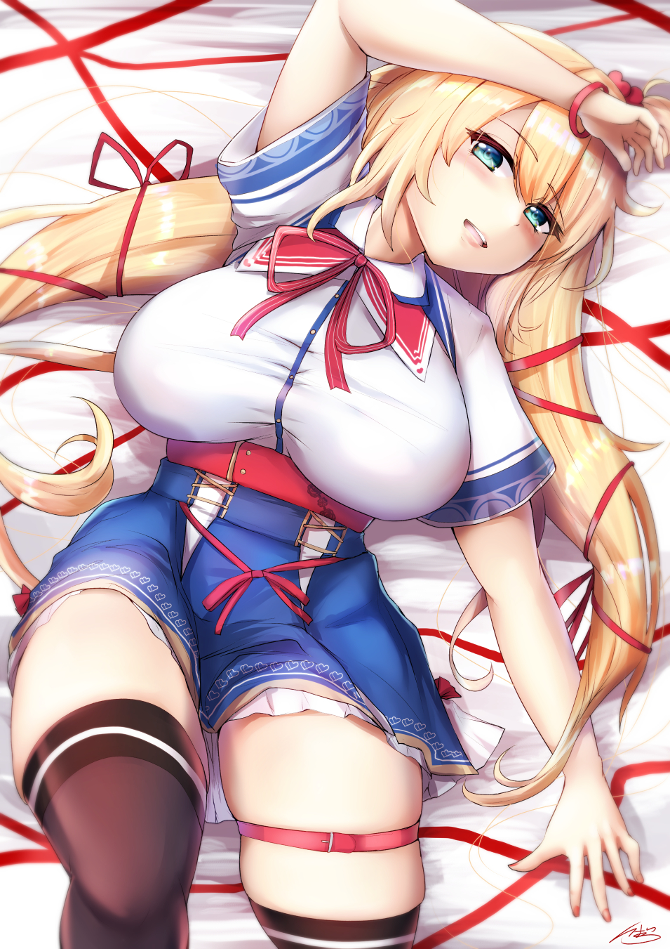 1girl akai_haato belt black_hair blonde_hair blue_eyes bracelet breasts hair_ornament hair_ribbon heart heart_hair_ornament highres hololive ibara_azuki jewelry large_breasts lying on_back open_mouth ribbon school_uniform skindentation skirt solo thigh-highs thigh_strap virtual_youtuber