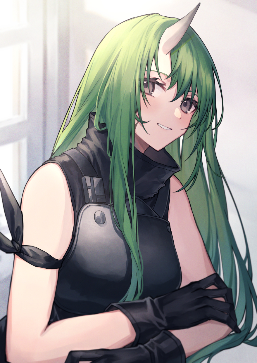 1girl arknights arm_ribbon armor bangs bare_arms bare_shoulders black_gloves black_ribbon black_shirt breastplate commentary_request gloves green_hair grey_eyes grin hair_between_eyes high_collar highres horns hoshiguma_(arknights) indoors koyukomu long_hair looking_at_viewer ribbon shirt single_horn sleeveless sleeveless_shirt smile solo upper_body