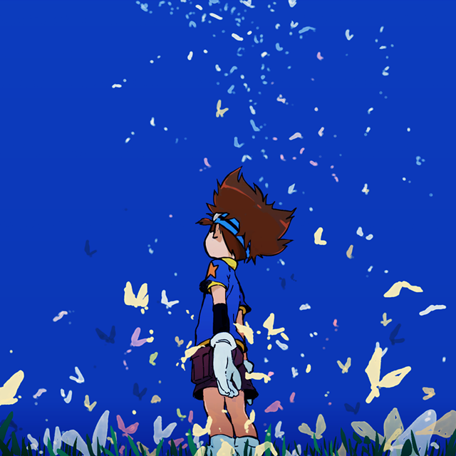 1boy arm_warmers blue_butterfly blue_shirt blue_sky brown_hair brown_shorts bug butterfly digimon digimon_adventure from_behind from_below gloves goggles goggles_on_head grass insect looking_up male_focus pink_butterfly shirt short_sleeves shorts sky socks solo spiky_hair standing star_(symbol) star_print uki_atsuya white_gloves white_legwear yagami_taichi yellow_butterfly