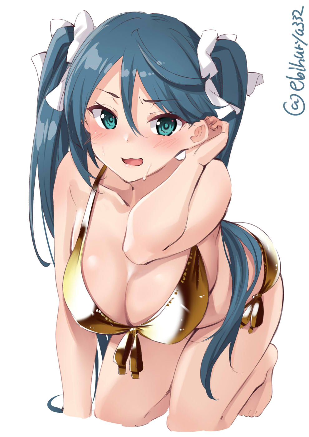 1girl bangs barefoot bikini blue_eyes blue_hair blush breasts collarbone ebifurya eyebrows_visible_through_hair front-tie_bikini front-tie_top gold_bikini hair_ribbon highres isuzu_(kantai_collection) kantai_collection large_breasts long_hair open_mouth ribbon side-tie_bikini simple_background solo sweat swimsuit twintails twitter_username white_background white_ribbon