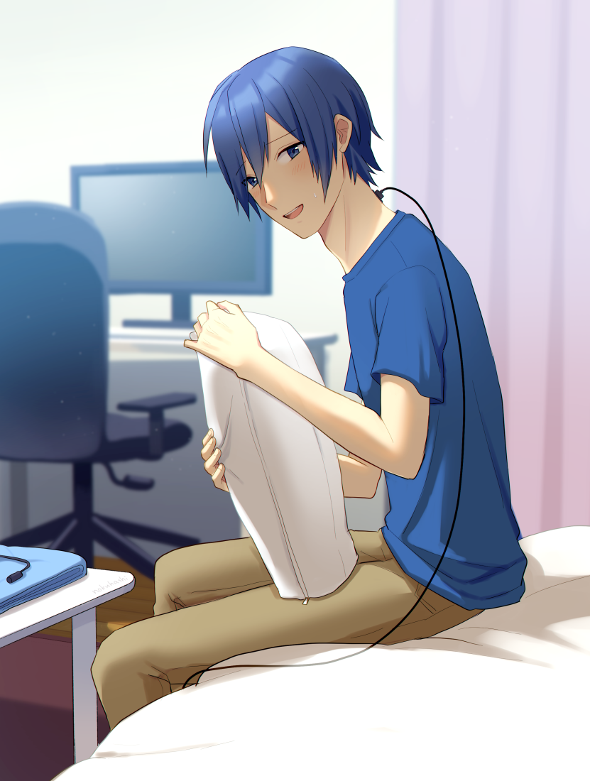1boy android bed blue_eyes blue_hair blue_shirt brown_pants cable chair commentary desk from_side holding holding_pillow indoors kaito looking_at_viewer male_focus monitor nokuhashi open_mouth pants pillow room shirt short_sleeves sitting smile solo vocaloid