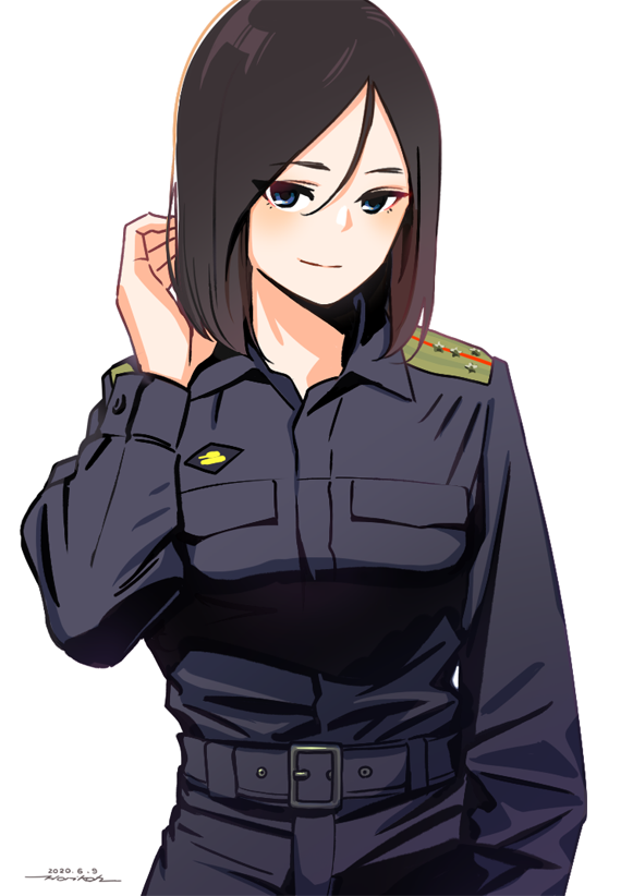 1girl belt black_jacket black_pants blue_eyes brown_hair character_request cowboy_shot dated eyes_visible_through_hair girls_und_panzer hand_up horikou jacket long_sleeves looking_at_viewer military_jacket nonna_(girls_und_panzer) pants signature simple_background smile solo white_background