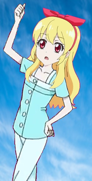 2013 aikatsu! aikatsu!_(series) blonde_hair blue_pajamas blue_sky clouds goodnight_aqua hair_ribbon hairband hand_on_hip hoshimiya_ichigo long_hair looking_at_viewer open_mouth outstretched_arm pajamas red_eyes ribbon signature sky