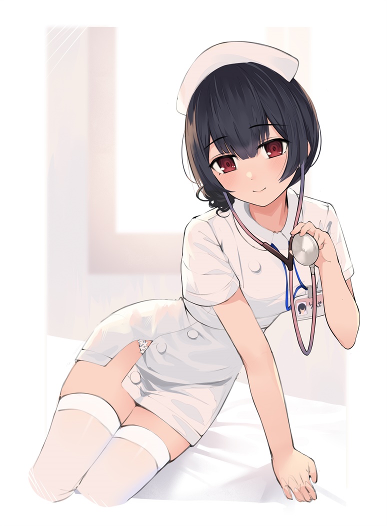 1girl arm_support bangs bed_sheet black_hair blush breasts closed_mouth commentary_request dress eyebrows_visible_through_hair gin00 hair_between_eyes hand_up hat holding idolmaster idolmaster_shiny_colors lanyard morino_rinze nurse nurse_cap panties red_eyes short_sleeves small_breasts smile solo stethoscope thigh-highs underwear white_dress white_headwear white_legwear white_panties