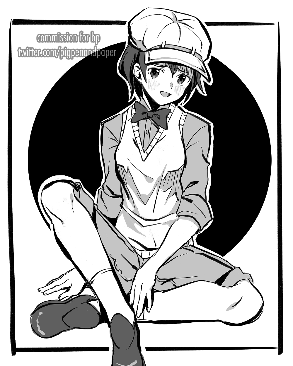 1girl bangs blush borrowed_character bow bowtie breasts cabbie_hat collared_shirt commission dress_shirt greyscale hair_between_eyes hat highres knee_up loafers looking_at_viewer monochrome numbers_(boars) open_mouth original shaded_face shirt shoes short_sleeves shorts sitting small_breasts solo sweater_vest watermark web_address