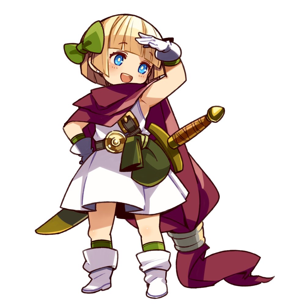 1girl bangs blonde_hair blue_eyes blunt_bangs blush boots bow bright_pupils commentary_request dragon_quest dragon_quest_v dress full_body gloves green_bow green_legwear hair_bow hand_on_hip hand_up hero's_daughter_(dq5) mota open_mouth pouch red_scarf scarf shading_eyes short_hair simple_background sleeveless sleeveless_dress smile socks solo sword weapon white_background white_dress white_footwear white_gloves white_pupils
