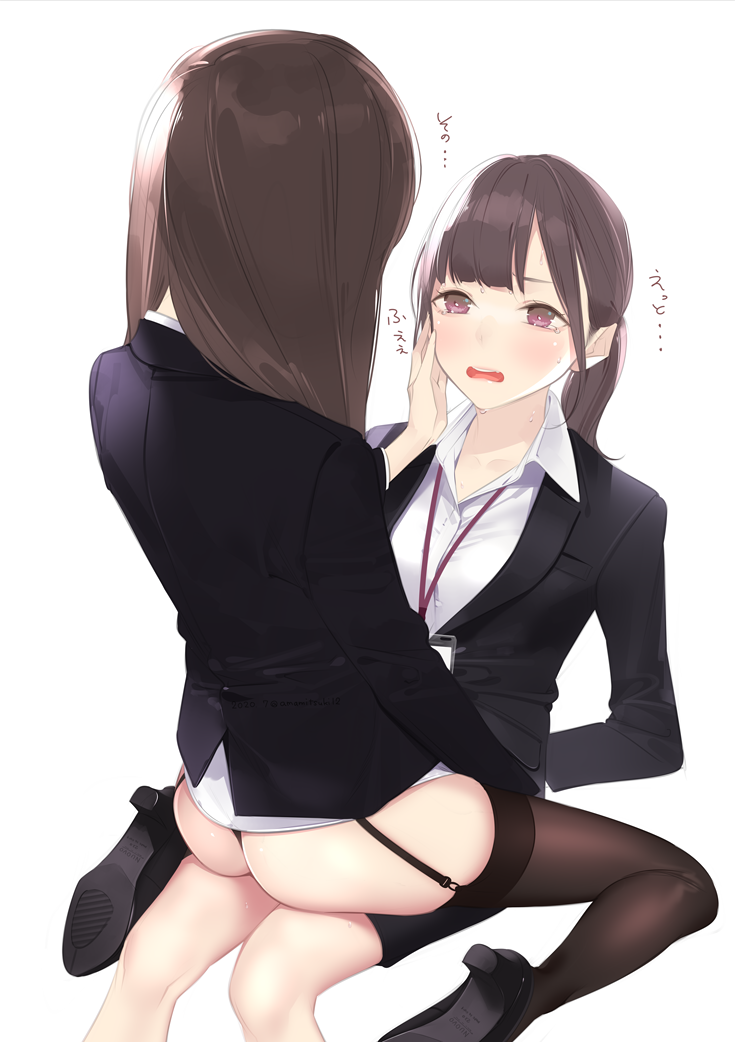 2girls ama_mitsuki arms_behind_back ass bangs black_legwear blush brown_eyes brown_hair business_suit caress collared_shirt eye_contact formal garter_straps hand_on_another's_cheek hand_on_another's_face jacket lanyard looking_at_another multiple_girls no_pants office_lady open_mouth original shirt sitting sitting_on_lap sitting_on_person suit tears thigh-highs translation_request white_shirt yuri