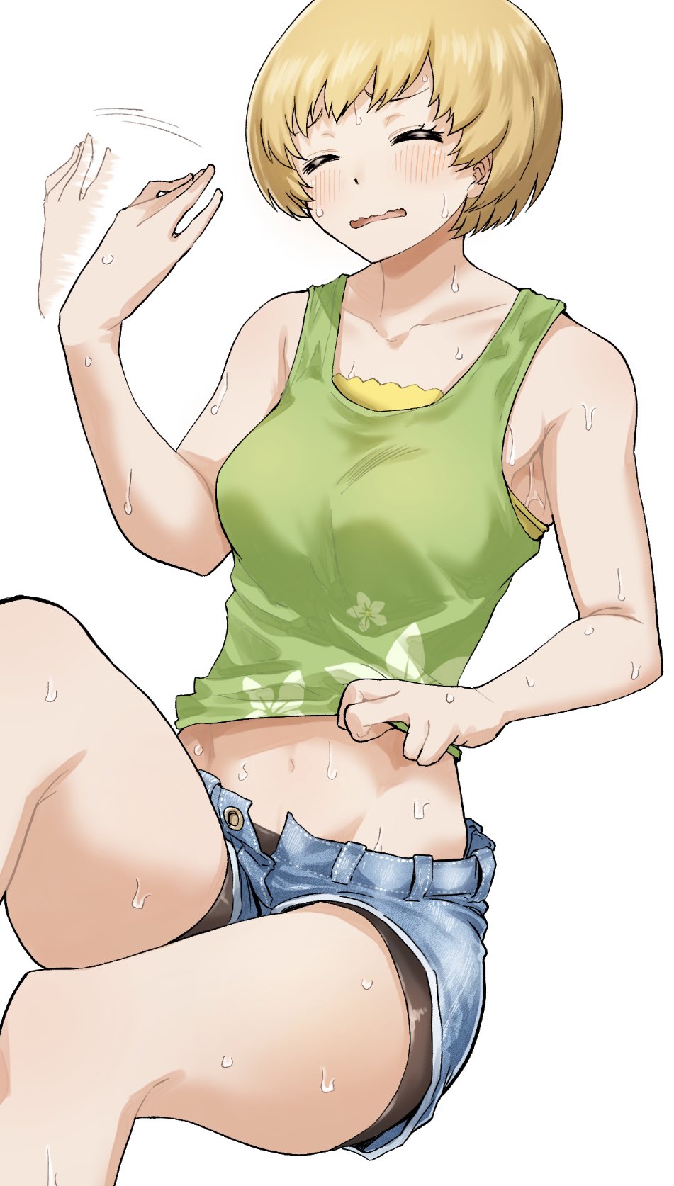 1girl bangs bike_shorts blush breasts closed_eyes denim denim_shorts fanning_face fanning_self green_tank_top highres hot kurosususu light_brown_hair medium_breasts navel open_mouth persona persona_4 satonaka_chie short_hair shorts shorts_under_shorts simple_background solo sweat tank_top white_background