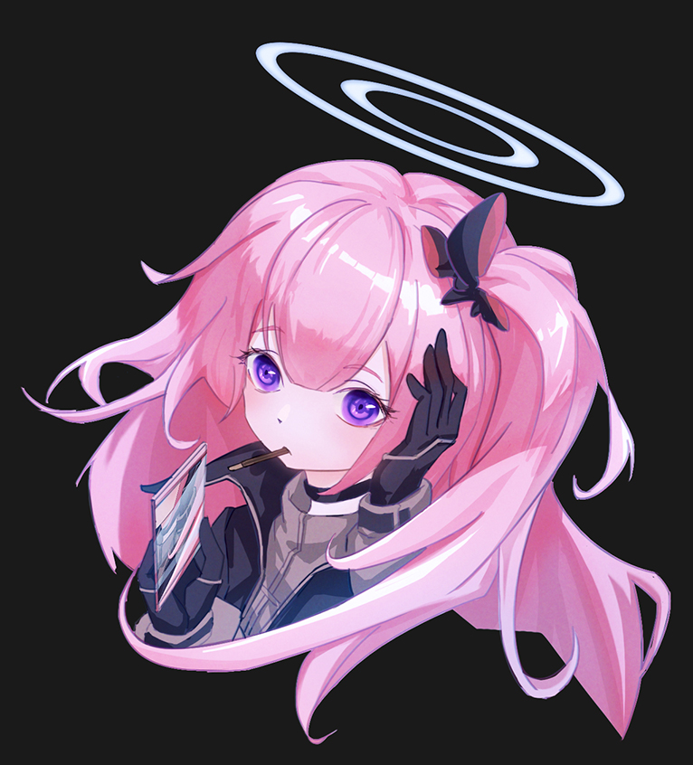 1girl ambriel_(arknights) arknights bangs black_background black_bow black_gloves bow chinese_commentary commentary_request cropped_torso food food_in_mouth gloves hair_between_eyes hair_bow halo hands_up holding long_hair looking_at_viewer mouth_hold one_side_up pink_hair pocky simple_background solo upper_body violet_eyes zoujieyuan