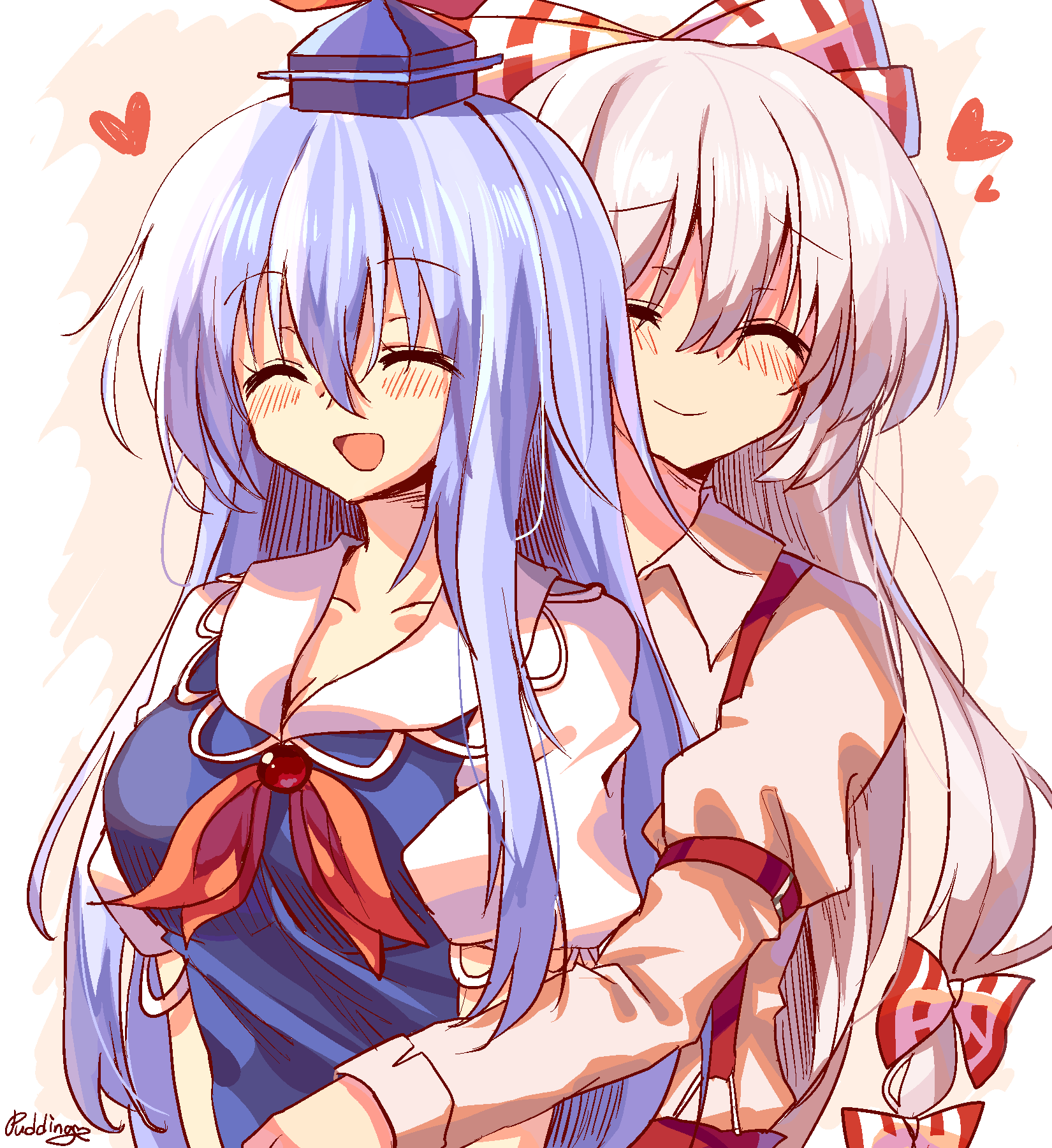 2girls ^_^ armband artist_name bangs beige_shirt blue_dress blue_hair blue_headwear blush bow breasts closed_eyes closed_mouth collarbone collared_dress collared_shirt dress eyebrows_visible_through_hair fujiwara_no_mokou hair_between_eyes hair_bow hat heart highres holding_person hug jewelry kamishirasawa_keine long_hair long_sleeves multicolored_bow multicolored_hair multiple_girls multiple_hair_bows open_mouth pants pudding_(skymint_028) puffy_short_sleeves puffy_sleeves red_bow red_neckwear red_pants shirt short_sleeves signature silver_hair smile suspenders touhou two-tone_hair upper_body white_bow white_sleeves