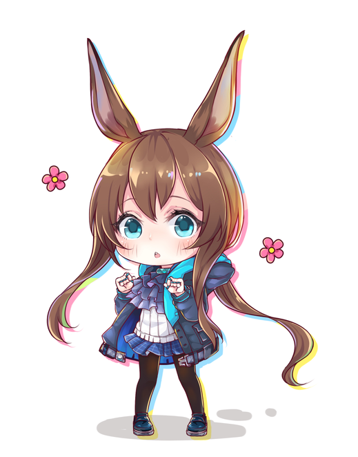 1girl amiya_(arknights) animal_ears arknights bangs black_legwear blue_eyes blue_footwear blue_jacket blue_neckwear blue_skirt blush brown_hair chibi dajiangjiangjiangjiang flower full_body hands_up hood hooded_jacket jacket jewelry long_hair long_sleeves looking_at_viewer miniskirt neck_ring open_clothes open_jacket pantyhose parted_lips pink_flower pleated_skirt rabbit_ears ribbed_shirt shirt shoes sidelocks simple_background skirt solo standing very_long_hair white_background white_shirt