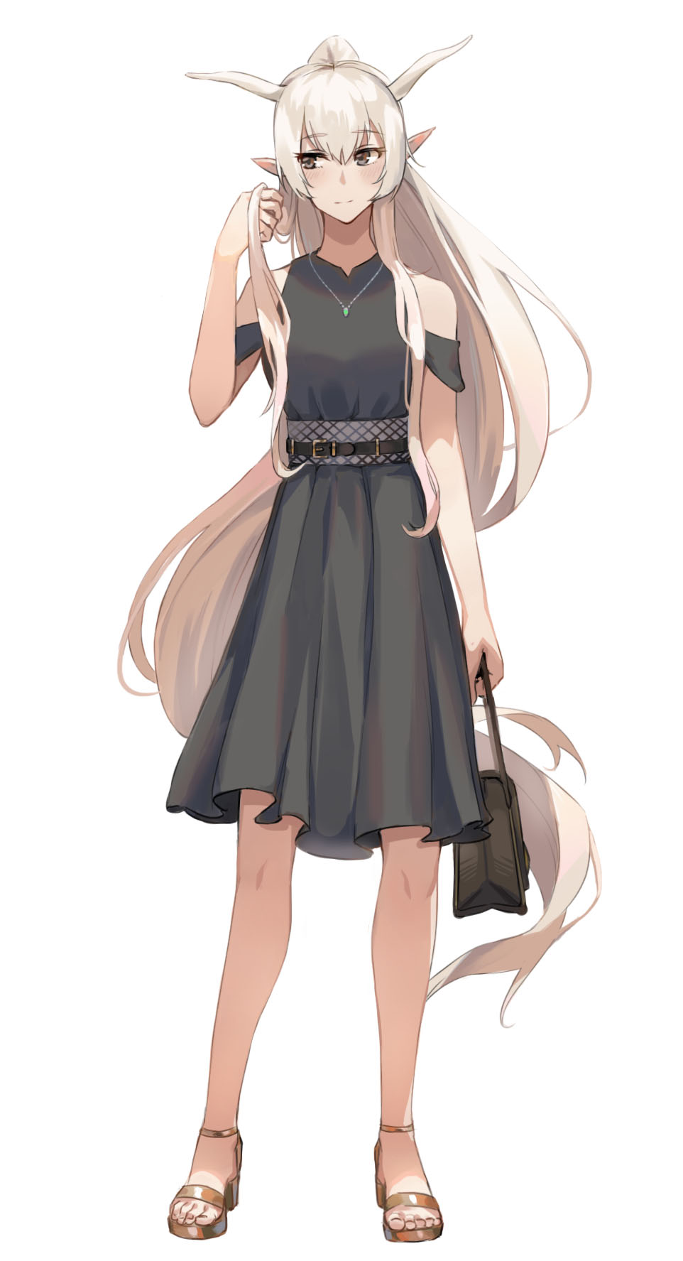 1girl alternate_costume arknights bag bangs bare_legs bare_shoulders belt belt_buckle black_dress blush brown_eyes brown_footwear buckle casual character_request closed_mouth dress eyebrows_visible_through_hair full_body hand_in_hair handbag high_heels highres holding holding_bag horns ina_(inadiary) jewelry long_hair looking_away looking_to_the_side necklace pointy_ears ponytail sidelocks silver_hair simple_background sleeveless sleeveless_dress solo standing very_long_hair white_background