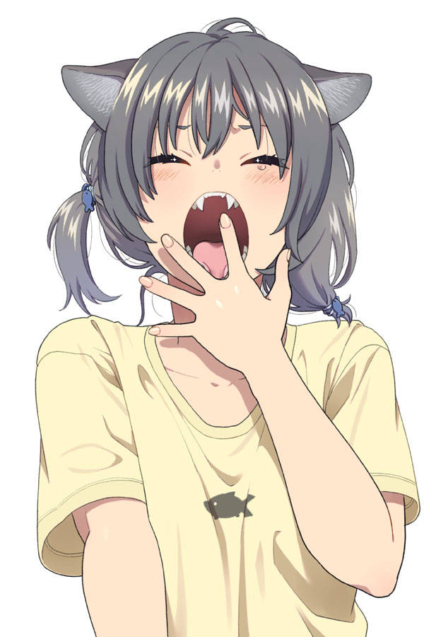 1girl animal_ear_fluff animal_ears asymmetrical_hair bangs blush cat_ears cat_tail closed_eyes collarbone commentary_request covering_mouth face facing_viewer fangs fish_hair_ornament grey_hair hair_ornament hand_up hands low_ponytail mattaku_mousuke one_side_up original shirt short_hair short_sleeves simple_background solo tail tears upper_body white_background yawning yellow_shirt