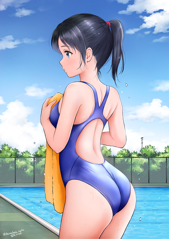 1girl artist_name ass back_cutout black_hair blue_eyes blue_sky blue_swimsuit bush chain-link_fence clouds commentary_request competition_swimsuit cowboy_shot day fence hanafuda_sakura long_hair one-piece_swimsuit orange_towel original ponytail pool profile sky solo swimsuit twitter_username