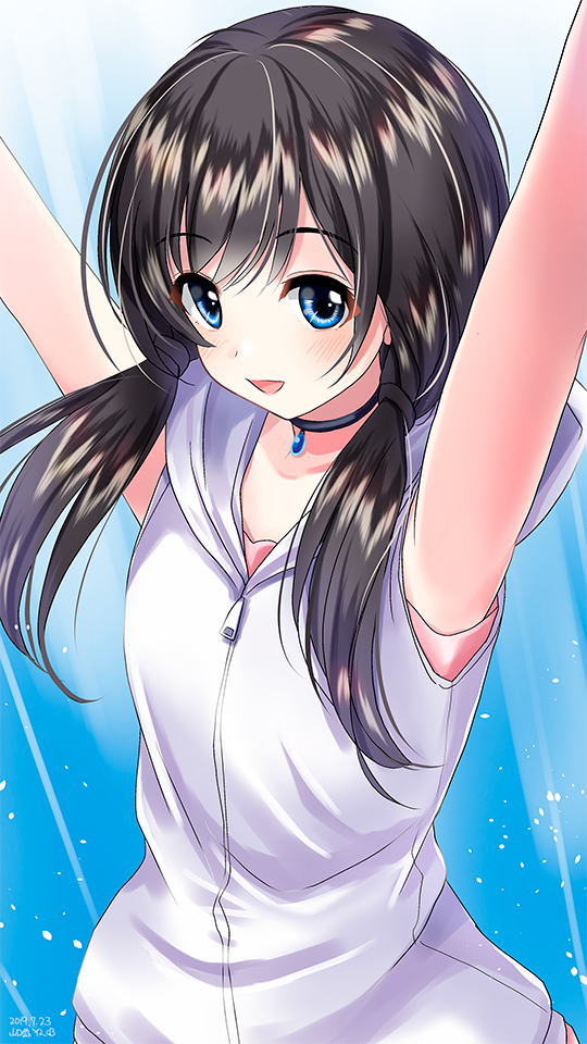 1girl :d amano_hina_(tenki_no_ko) arms_up bangs black_choker black_hair blue_background blue_eyes blush choker dated eyebrows_visible_through_hair hood hood_down hoodie jewelry long_hair looking_at_viewer low_twintails open_mouth pendant sleeveless sleeveless_hoodie smile solo tenki_no_ko twintails upper_body white_hoodie yamaguchi_yuu zipper_pull_tab