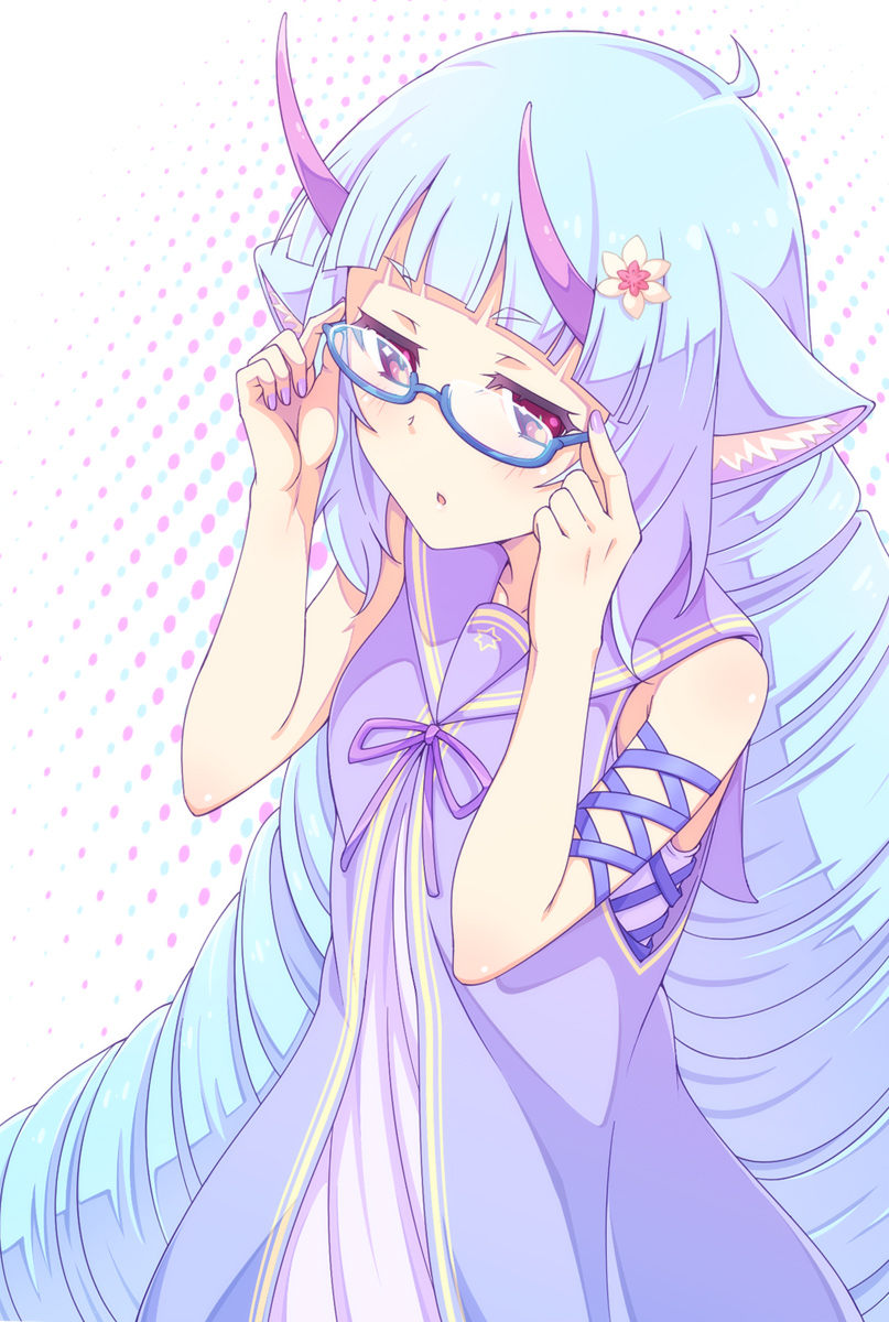 1girl :o adjusting_eyewear ahoge animal_ear_fluff animal_ears arm_ribbon bangs blue-framed_eyewear blue_hair blue_ribbon blunt_bangs blush delmin_(show_by_rock!!) dress drill_hair e20 flower hair_flower hair_ornament highres horns long_hair looking_at_viewer nail_polish neck_ribbon purple_dress purple_nails purple_neckwear ribbon sailor_collar semi-rimless_eyewear show_by_rock!! sleeveless sleeveless_dress solo under-rim_eyewear very_long_hair violet_eyes