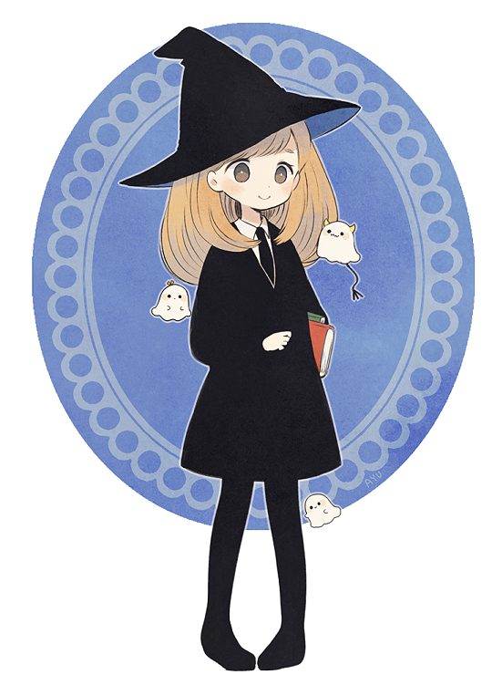 1girl ayu_(mog) black_dress black_headwear black_legwear black_neckwear blonde_hair book bright_pupils brown_eyes closed_mouth collared_shirt dress full_body ghost hat holding holding_book looking_at_viewer necktie original pantyhose pigeon-toed shirt smile solo white_pupils white_shirt wing_collar witch witch_hat