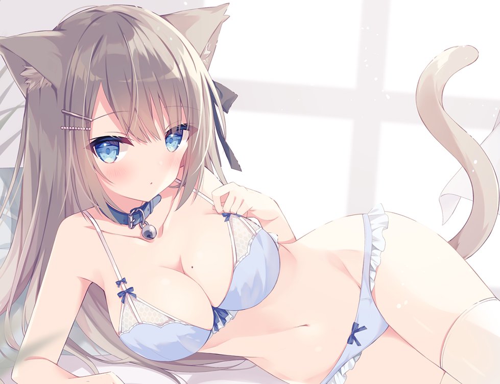 1girl animal_ear_fluff animal_ears bangs bare_arms bare_shoulders bed_sheet bell bell_collar blue_bra blue_collar blue_eyes blue_panties blush bow bow_bra bow_panties bra breasts brown_hair cat_ears cat_girl cat_tail closed_mouth collar collarbone eyebrows_visible_through_hair frilled_panties frills hair_between_eyes hair_ornament hairclip hoshi_(snacherubi) jingle_bell long_hair looking_at_viewer lying mole mole_on_breast navel on_side original panties solo tail thigh-highs underwear underwear_only very_long_hair white_legwear window