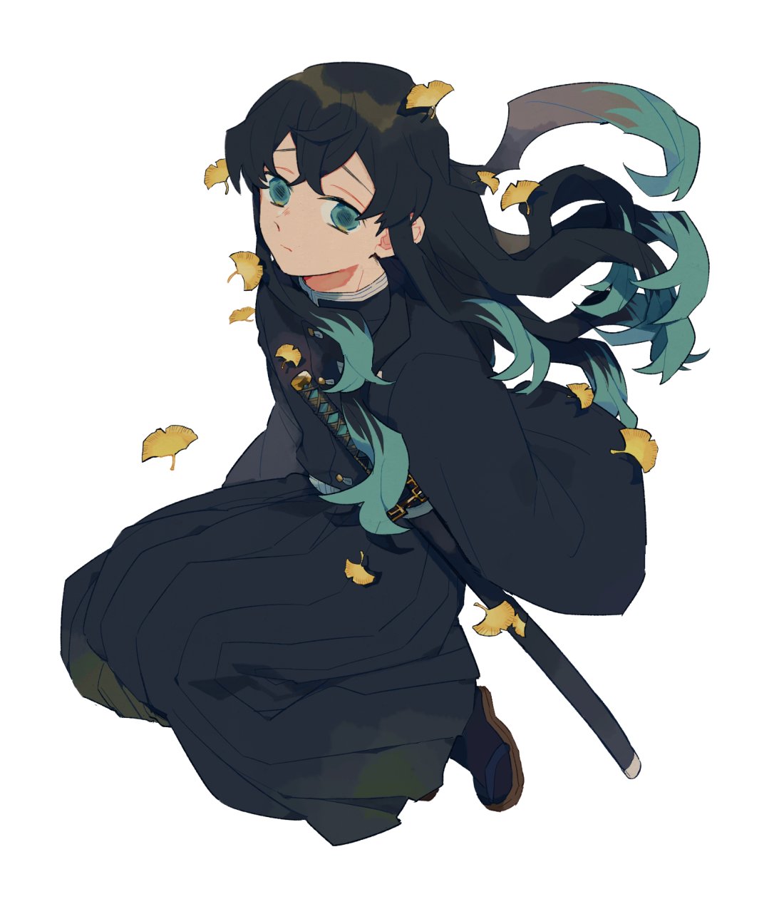 1boy aqua_eyes bangs belt black_hakama black_legwear black_shirt crossed_bangs floating full_body ginkgo_leaf gradient_hair hakama hakama_pants highres japanese_clothes katana kimetsu_no_yaiba long_hair long_sleeves looking_at_viewer multicolored_hair sandals sheath sheathed shirt solo sword tabi tokitou_muichirou very_long_hair weapon white_background white_belt wide_sleeves y_a_i