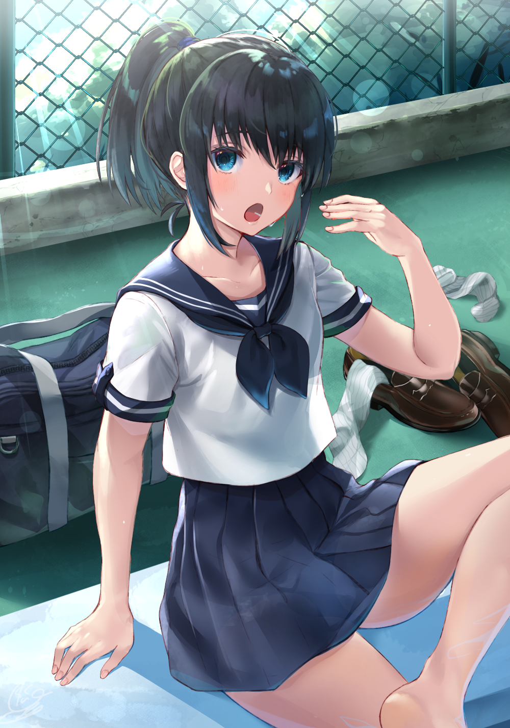 1girl :o bag bare_legs barefoot black_hair black_neckwear black_skirt blue_eyes blush brown_footwear chain-link_fence commentary_request day fence gakuon_(gakuto) hand_up highres jewelry legwear_removed light_rays loafers looking_at_viewer miniskirt necklace open_mouth original outdoors pleated_skirt ponytail poolside school_bag school_uniform serafuku shirt shoes shoes_removed short_hair short_ponytail short_sleeves sidelocks sitting skirt sunbeam sunlight white_legwear white_shirt