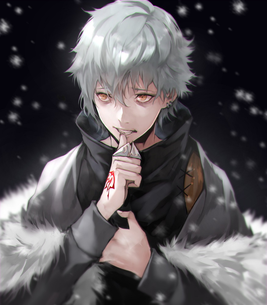 1boy anastasia_(fate/grand_order) bangs biting cape close-up command_spell fate/grand_order fate_(series) fur_coat hand_on_own_chest holding kadoc_zemlupus long_sleeves looking_to_the_side male_focus nail_biting silver_hair snowing solo upper_body yellow_eyes yoshio_(55level)