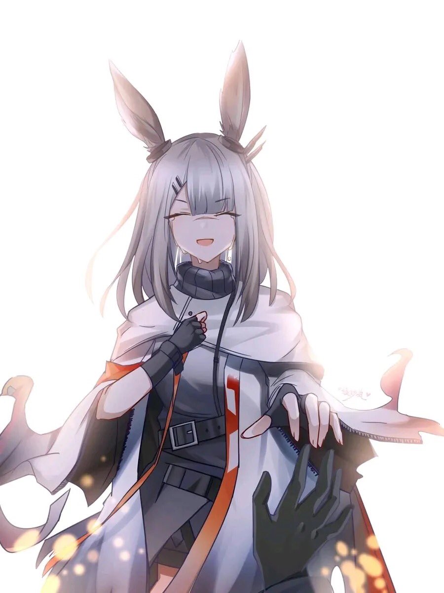 1girl animal_ears arknights bangs belt black_gloves facial_scar frostnova_(arknights) gloves hair_ornament hair_over_one_eye hairclip highres jacket long_hair looking_at_viewer nose_scar outstretched_arm rabbit_ears rahnsiegfried scar silver_hair smile white_hair