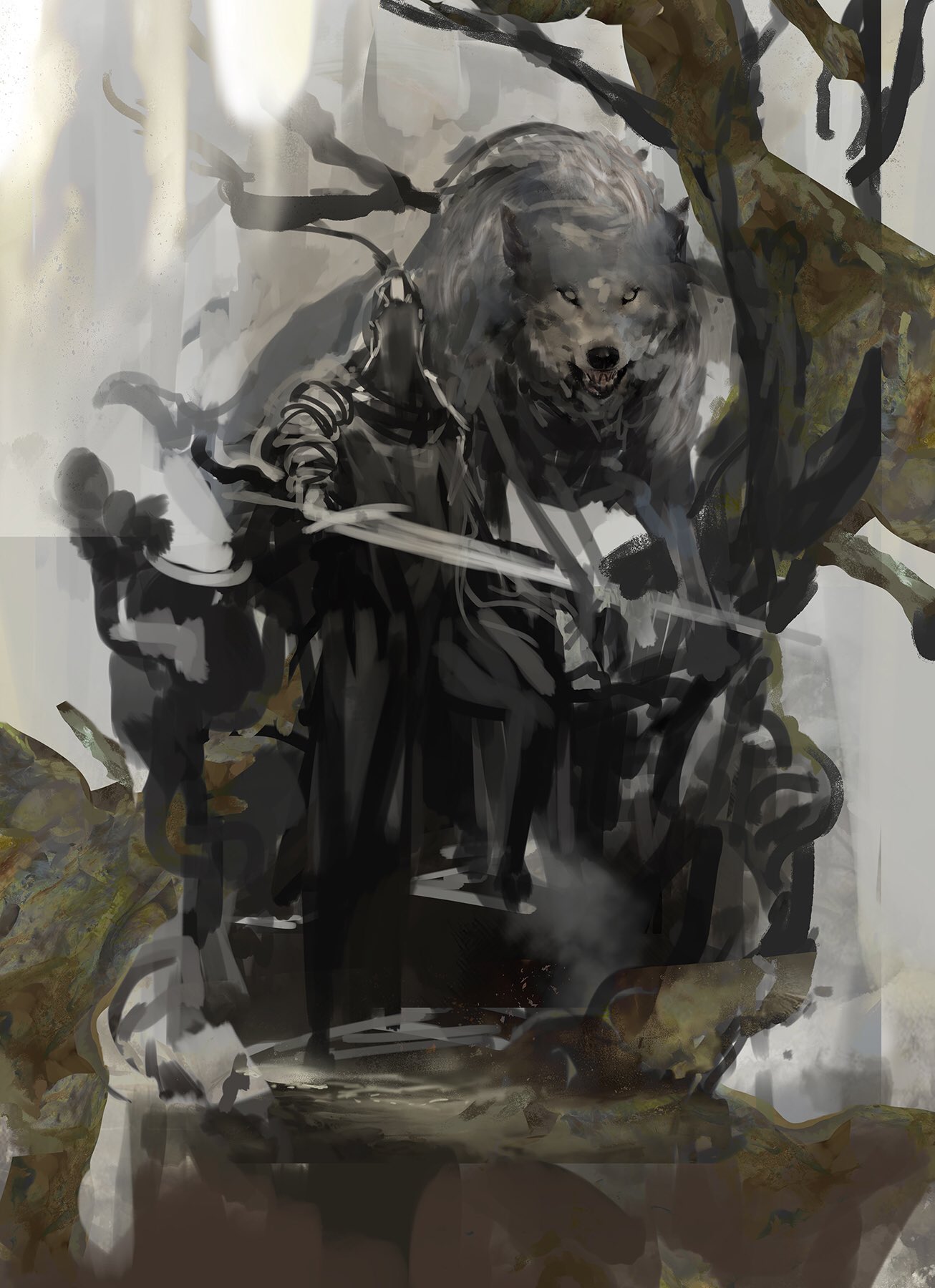 1boy animal armor artorias_the_abysswalker clouds cloudy_sky dark_souls day faceless fangs great_grey_wolf_sif grey_wolf highres kekai_kotaki knight light_rays long_sword looking_at_viewer oversized_animal shield sky souls_(from_software) stairs standing sunlight wolf work_in_progress