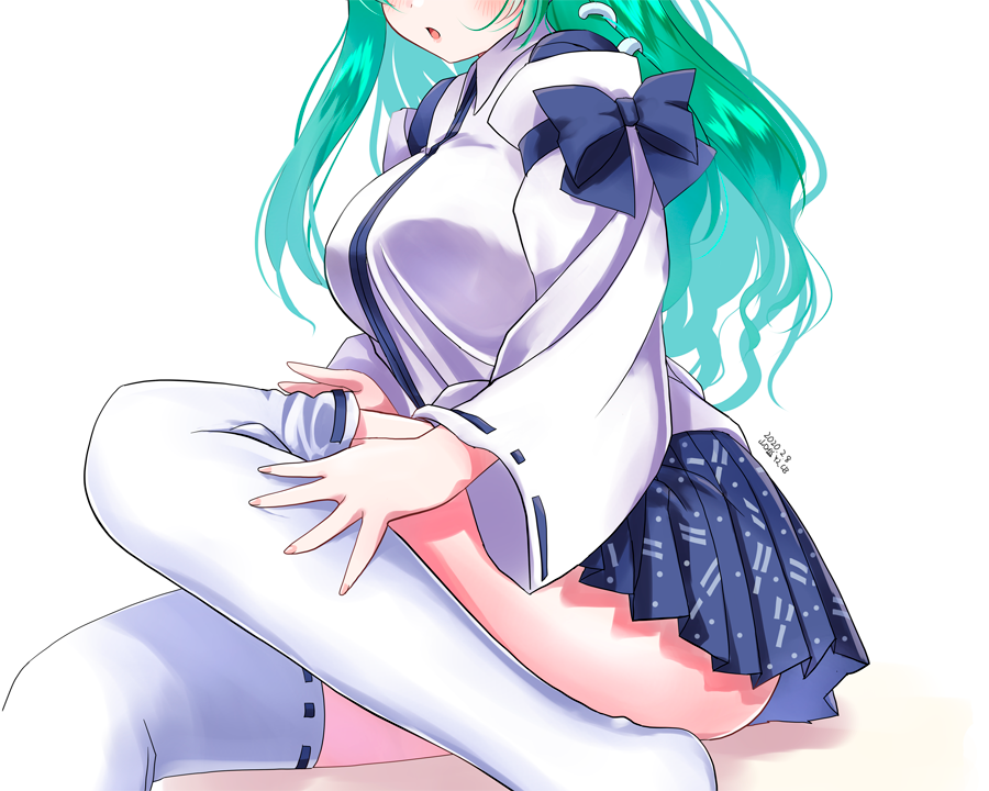 1girl artist_name blue_bow blue_ribbon blue_skirt blush bow breasts dated detached_sleeves from_side green_hair hair_ornament head_out_of_frame kochiya_sanae large_breasts long_hair long_sleeves open_mouth ribbon ribbon-trimmed_legwear ribbon-trimmed_sleeves ribbon_trim sidelocks sitting skirt snake_hair_ornament solo thigh-highs touhou white_background white_legwear wide_sleeves yamaguchi_yuu