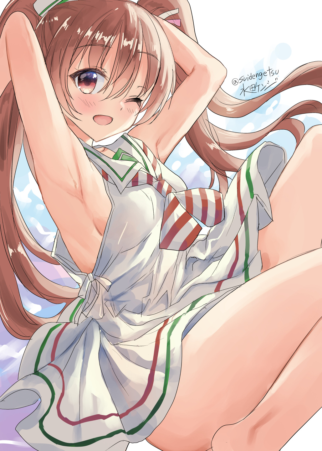 1girl armpits artist_name bare_legs barefoot blush brown_eyes brown_hair dress eyebrows_visible_through_hair hair_between_eyes highres kantai_collection libeccio_(kantai_collection) long_hair mizuta_kenji neckerchief open_mouth sailor_collar sailor_dress signature sleeveless sleeveless_dress smile solo twintails twitter_username white_dress white_sailor_collar