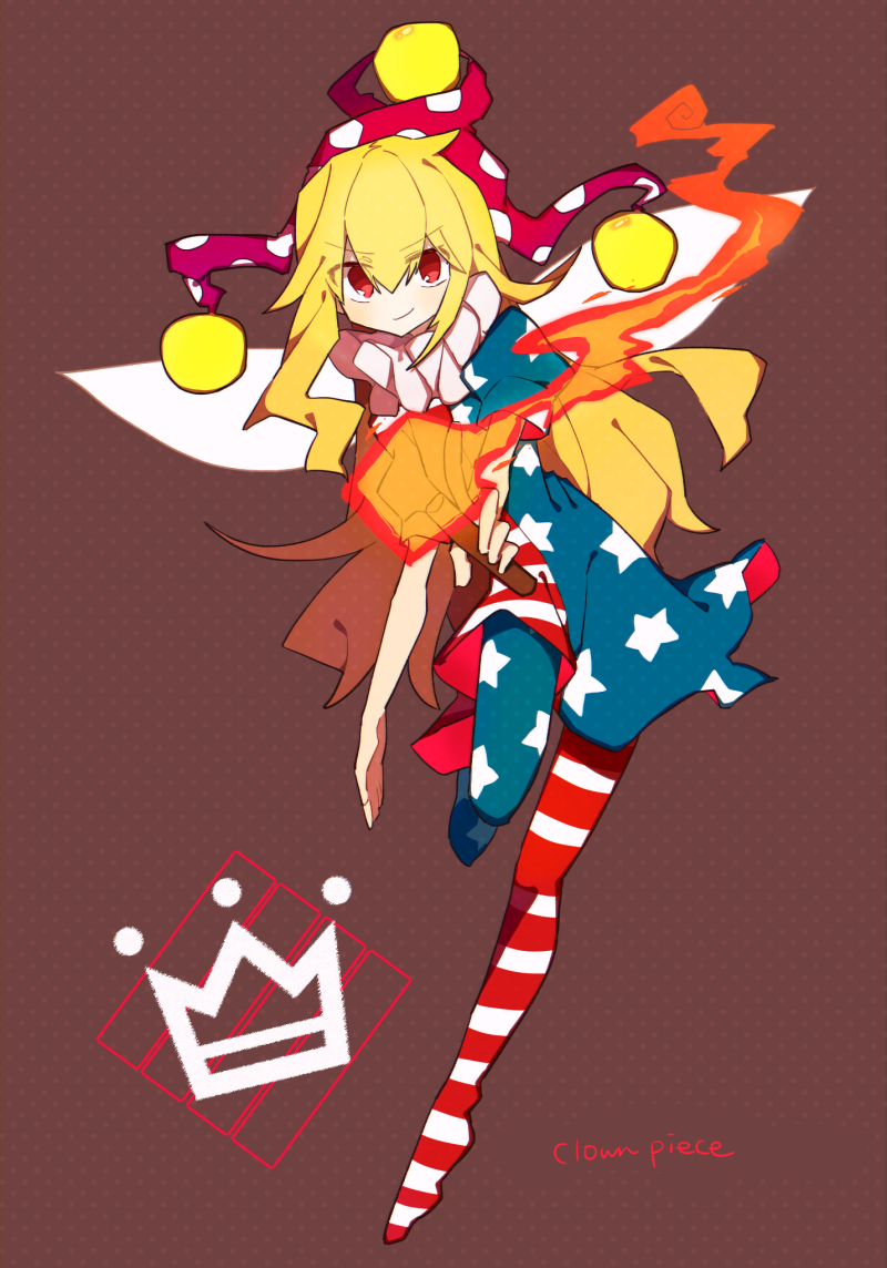 1girl american_flag_dress american_flag_legwear blonde_hair brown_background character_name clownpiece commentary_request crown fairy_wings full_body hat holding holding_torch jester_cap long_hair looking_at_viewer mamimu_(ko_cha_22) neck_ruff polka_dot_headwear puffy_short_sleeves puffy_sleeves red_eyes red_headwear short_sleeves smile solo torch touhou very_long_hair wings