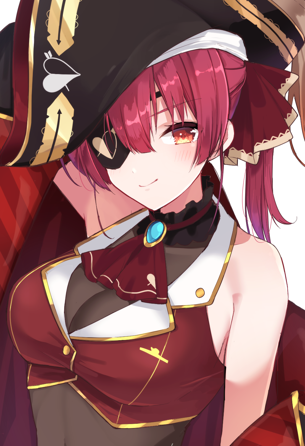 1girl arm_up ascot bare_shoulders black_headwear bodysuit brooch coat crop_top eyepatch gold_trim goroo_(eneosu) hat highres hololive houshou_marine jewelry long_hair looking_at_viewer off_shoulder open_clothes open_coat pirate_hat red_eyes red_shirt redhead shirt sleeveless sleeveless_shirt smile solo upper_body virtual_youtuber